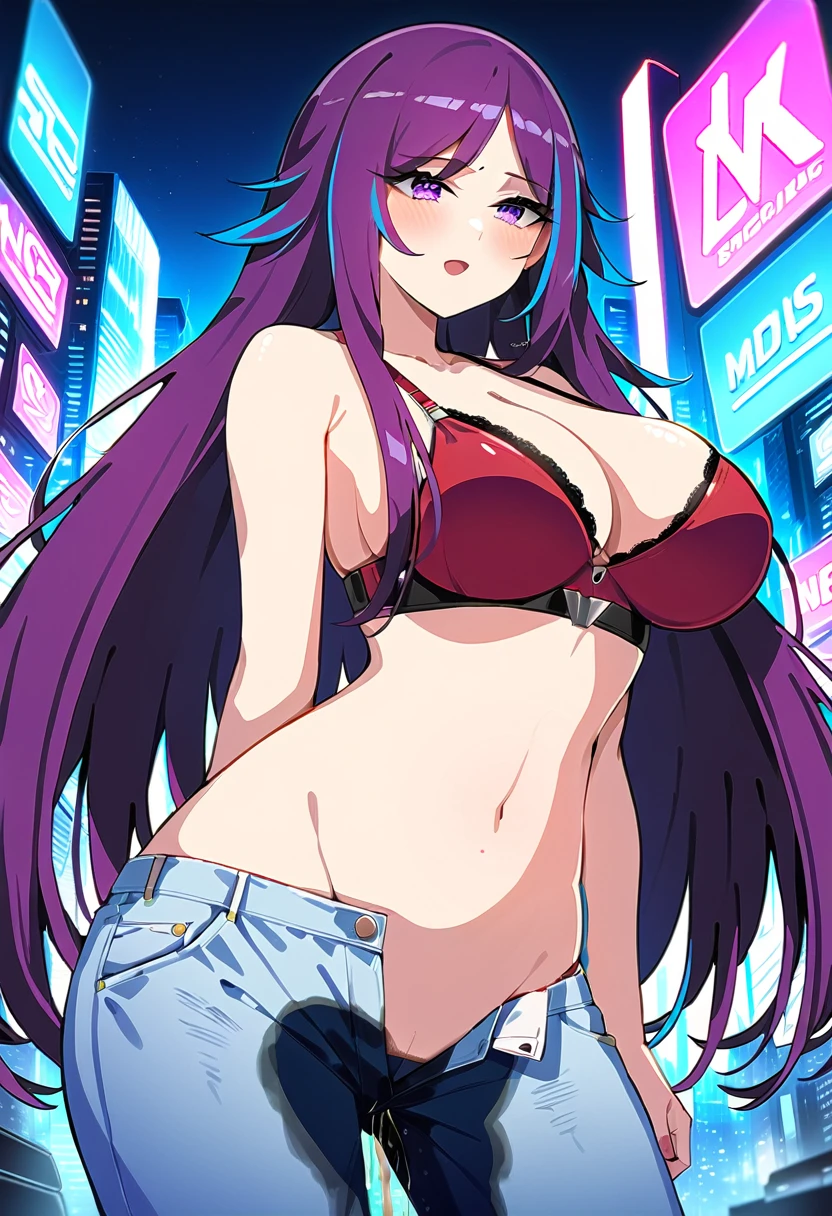(masterpiece:1.37), best quality, (extremely detailed:1.37), woman, mature, adult, large breasts, very long hair, dark purple hair, purple eyes, (extremely detailed eyes:1.37), crop top, cleavage, navel, jeans, open fly, (groin:1.25), desperation, (wetting: self 3.0), standing, city, futuristic, neon lighting, high-tech, street