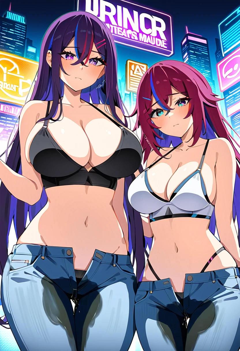 (masterpiece:1.37), best quality, (extremely detailed:1.37), woman, mature, adult, large breasts, very long hair, dark purple hair, purple eyes, (extremely detailed eyes:1.37), crop top, cleavage, navel, jeans, open fly, (groin:1.25), desperation, (wetting: self 3.0), standing, city, futuristic, neon lighting, high-tech, street