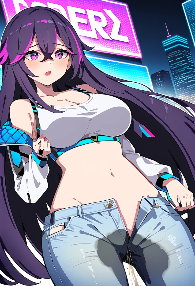 (masterpiece:1.37), best quality, (extremely detailed:1.37), woman, mature, adult, large breasts, very long hair, dark purple hair, purple eyes, (extremely detailed eyes:1.37), crop top, cleavage, navel, jeans, open fly, (groin:1.25), desperation, (wetting: self 3.0), standing, city, futuristic, neon lighting, high-tech, street
