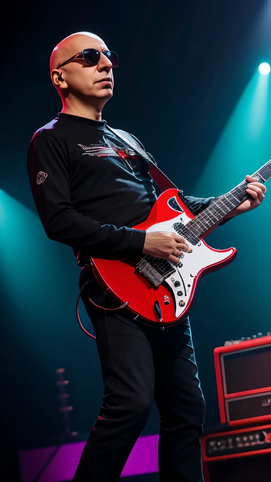 CRIAR JOE SATRIANI GUITARRIST,ON STAGE PLAYING ELETRIC GUITAR,8K, REALISTA,UHD, FULL BODY ON SATEGE
