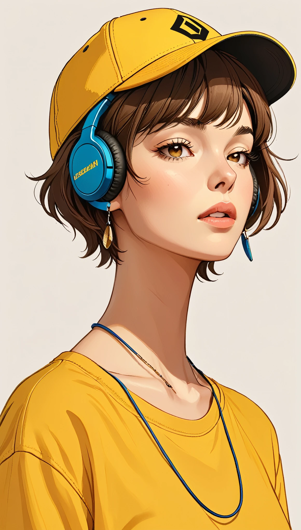 masterpiece, Highest quality, One girl,Baseball cap, Brown Hair, Mouth closed, Earrings, Have, hoop 、 jewelry, View your viewers, shirt, short hair, Simple Background, alone, Upper Body, yellow shirt 、Headphoneoderate bust、German descent、