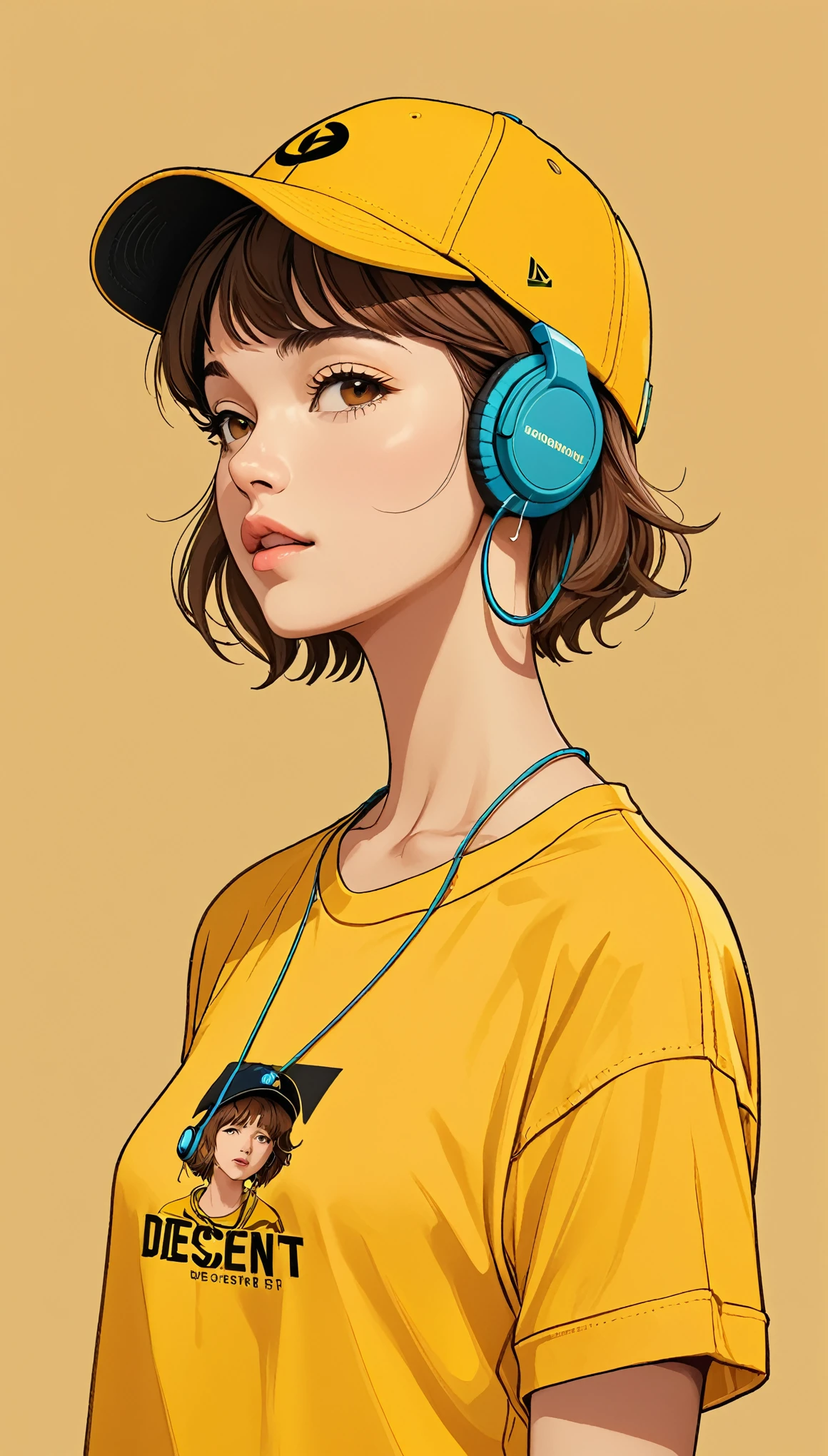 masterpiece, Highest quality, One girl,Baseball cap, Brown Hair, Mouth closed, Earrings, Have, hoop 、 jewelry, View your viewers, shirt, short hair, Simple Background, alone, Upper Body, yellow shirt 、Headphoneoderate bust、German descent、