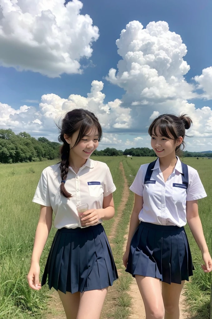2 girls walking in rural field,cumulonimbus cloud in summer sky,sailor shirt,navy blue pleated skirt,18-year-old,bangs,a little smile,thighs,knees,short hair with low pigtails bunches,from below,front light