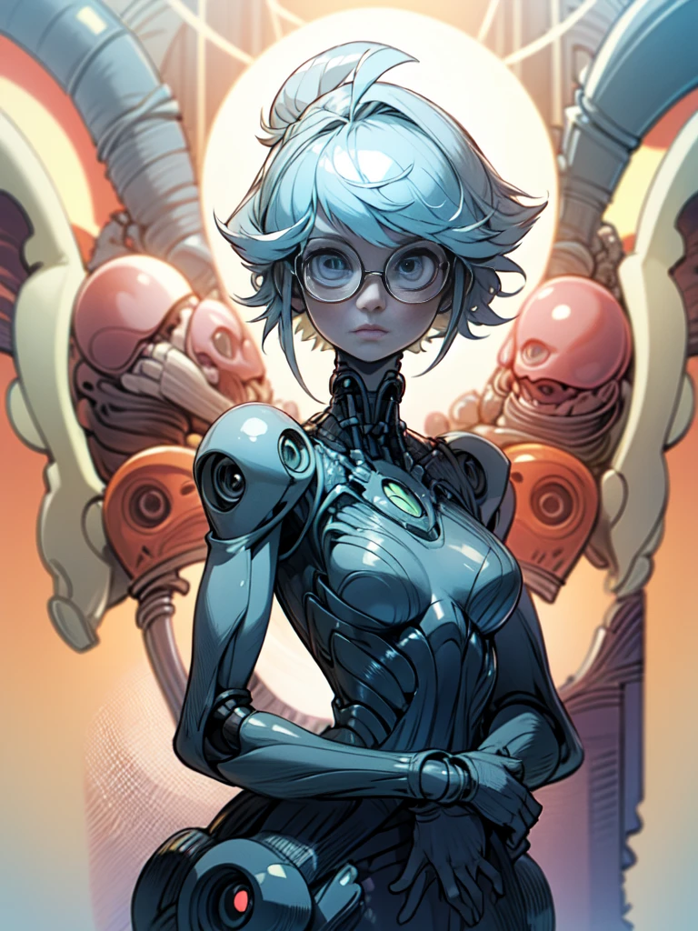 1 girl, thin body, dynamic poses, (accurate medium breasts:1.2), ultra-detailed, (viewer facing:1.2), (bright sunny day:1.2), (Intricate body details:1.3),(best quality:1.2), (Ultra Highres:1.1), carefully drawn hands, highly detailed face and eyes, (short dark blue hair:1.3), short bobcut, (huge ahoge:1.3), (glasses:1.3), (big yellow eyes:1.2), (sexy gynoid girl:1.2), (partially nude:1.2), full body shot, standing, front view, (futuristic library), bookshelfs, books, blury background, (transparent skin:1.2), internal glow from skin, mechanical parts of the robot are visible through the skin, doll joints, refphotofront, diddylicious, parororo