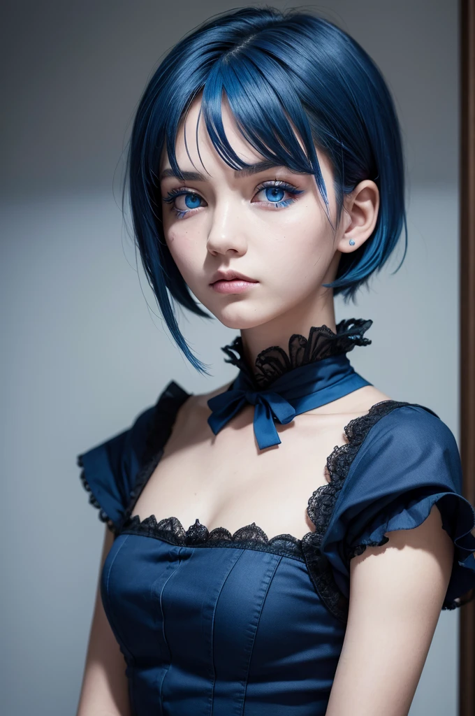 maid, serious face (short blue hair) (blue colored eyes)