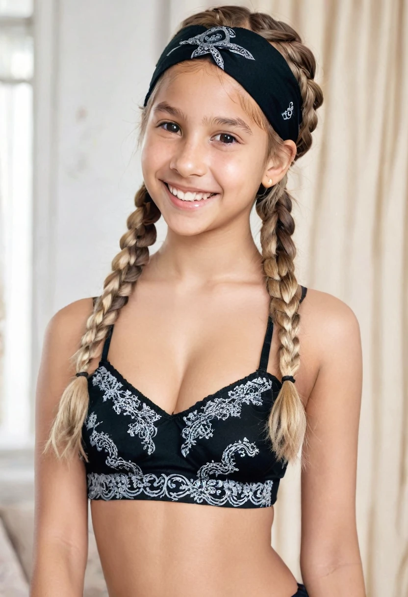(high resolution,detailed, raw photo,Very realistic,8k),(Masterpiece: 1.3),((high resolution,detailed, raw photo,Very realistic,8k),(10 yo latina girl),(blonde hair,detailed hair,long hair, braids),((smiling),black bandana on head),(tiny body,flat chest),(looking at the camera),)(wearing underwear)