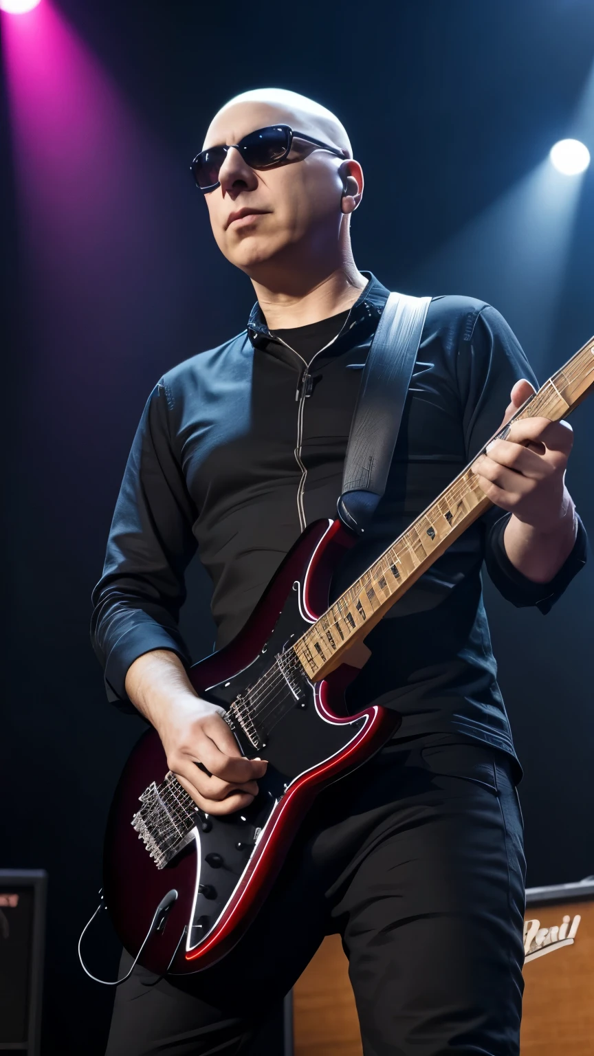 CRIAR JOE SATRIANI GUITARRIST,ON STAGE PLAYING ELETRIC GUITAR,8K, REALISTA,UHD, FULL BODY ON SATEGE
