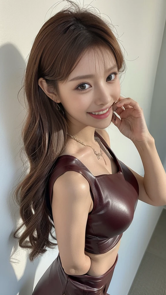 ((Highest quality、8K、masterpiece:1.3)), Upper Body, Long legs, Sharp focus:1.2, Beautiful woman with perfect figure:1.4, Slim Abs:1.1, The background is the office, ((Shortcuts、Big Breasts:1.2)), (She is wearing a red leather low-cut bodycon dress., Enchanting and overflowing big , Soft big ass, Slim and toned waist, Smile at the audience:1.2), Highly detailed face and skin texture, fine grain, double eyelid, 25-year-old woman, Mature Woman,sexy,