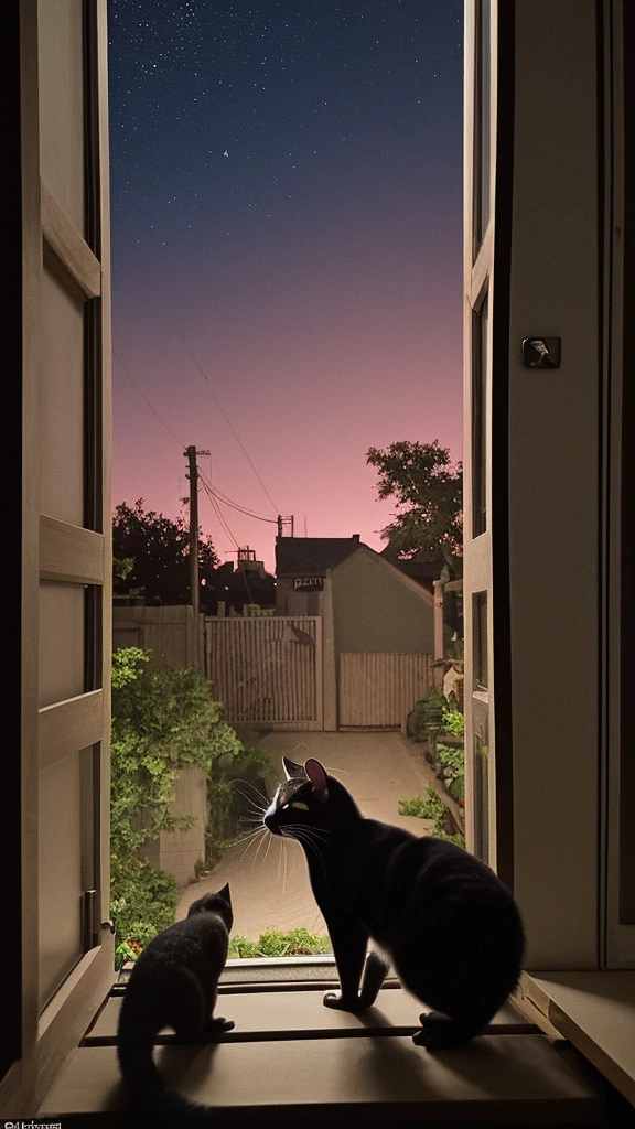 A collection of pictures about the story of Milo, a mischievous cat who lives in a comfortable house in a quiet suburb. He decides to go on a night adventure while his owners are asleep.. He slides through an open window and explores the moonlit neighborhood, discovering a different world where shadows play and nocturnal creatures appear..
While wandering, Milo meets a group of stray cats near an old oak tree. Although they are wary of him at first, a mischievous black cat named Felix recognizes Milo's courage and invites him to explore secret paths in the neighborhood that only stray cats know.. Melio enthusiastically agrees and follows Felix.
Together, they jump over fences, cross gardens, and sneak through alleys. Along the way, Milo discovers the hidden beauty of his neighborhood and learns from the various nocturnal creatures they meet – a wise owl, a crafty raccoon, and even a family of curious possums.. Each encounter gives Milo interesting information about the night.
As dawn approaches, Felix leads Milo to the highest rooftop in the neighborhood. From there, they watch the sunrise together, as the sky turns pink and orange. It was an enchanting sight, something Milo had never seen from his inner window.
Milo felt the early morning chill and knew it was time to go home. He thanked Felix for the unforgettable adventure and hurried back before his companions woke up. He slid back through the window and curled himself up in his favorite spot, purring happily.
His nightly adventure filled his heart with wonder and a new appreciation for the world around him. He fell asleep, dreaming of the next night's adventure.