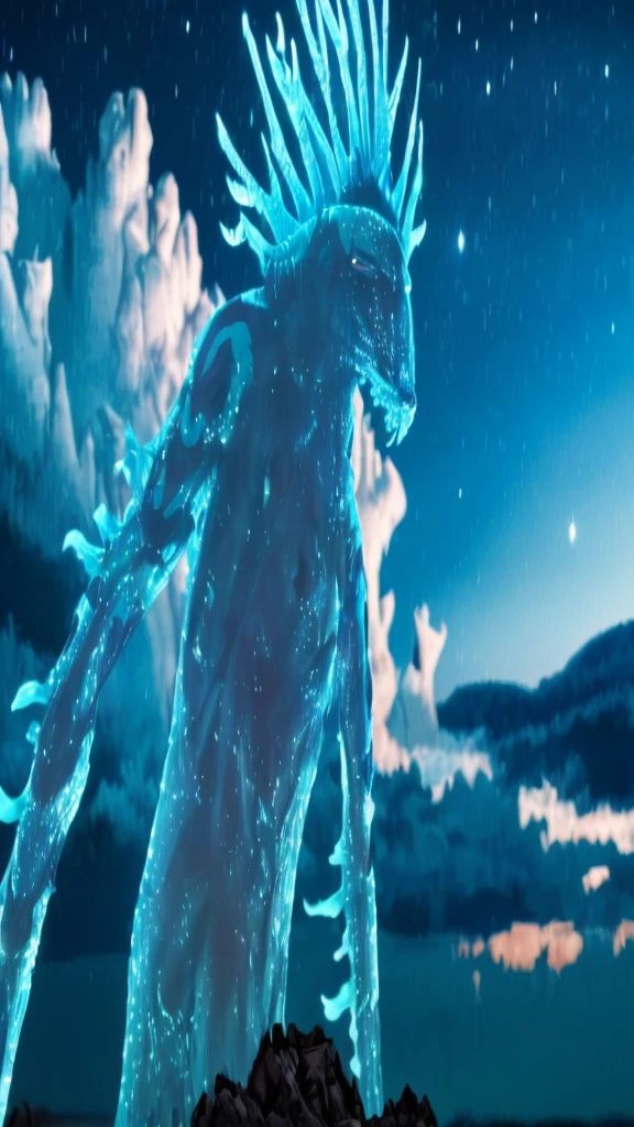 A hyper photorealistic depicion of the Nighe Walker (Deidarabotchi) from Princess Mononoke. The Deidarabotchi is an enomous, towering figure, with a humanoid shape and ethereal, glowing, transparent blue skin. Its eyes and facial features are serene yet mysterious, with large, glowing white eyes and intricate patterns on its face