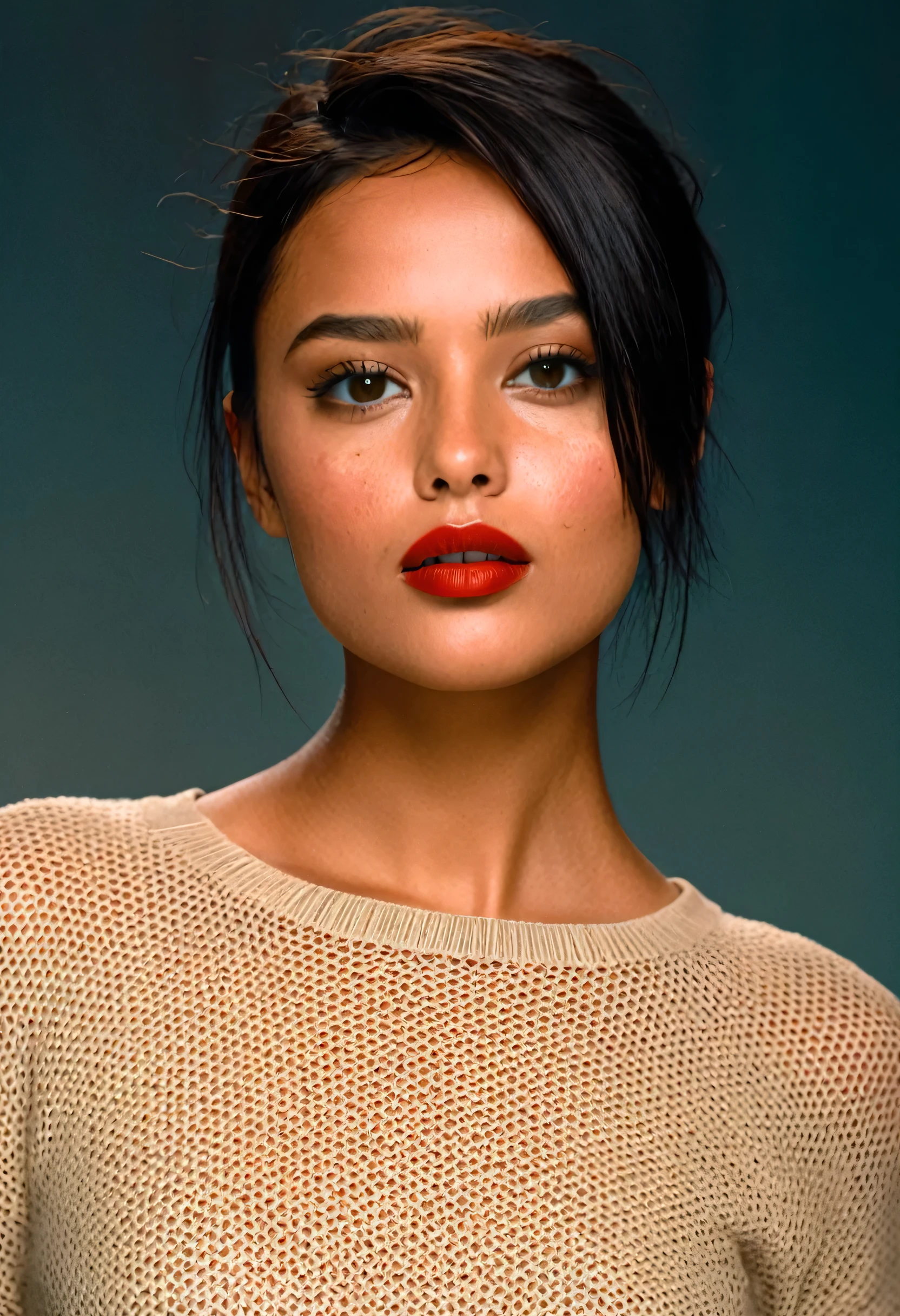 features a young individual with very tanned skin and dark hair cut slightly below the chin. Lots of makeup, dark red lipstick:1.1 Your eyes are light in color, and they have prominent freckles on their cheeks and nose. The individual is looking directly at the viewer, displaying a neutral to subtly thoughtful expression, with the head slightly tilted. They are wearing what appears to be a dark sweater or blouse.. The background is solid, in warm tones, coral color that contrasts with the subject's dark hair and pale complexion, bringing focus to your face and expression.