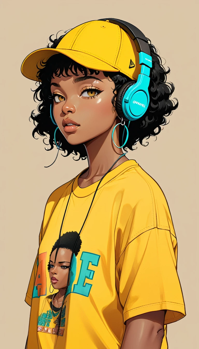 masterpiece, Highest quality, One girl, Aqua Eye, Baseball cap, Black Hair, Mouth closed, Earrings, Have, hoop 、 jewelry, View your viewers, shirt, short hair, Simple Background, alone, Upper Body, yellow shirt 、Headphones、Afro-American