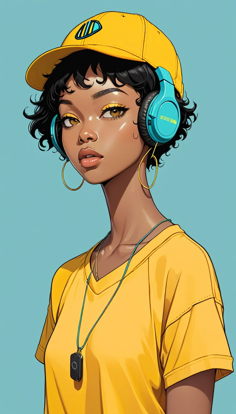 masterpiece, Highest quality, One girl, Aqua Eye, Baseball cap, Black Hair, Mouth closed, Earrings, Have, hoop 、 jewelry, View your viewers, shirt, short hair, Simple Background, alone, Upper Body, yellow shirt 、Headphones、Afro-American