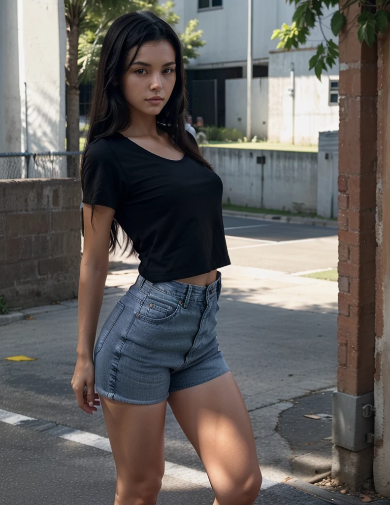 Sexy young girl with good body, black hair, long hair, dark brown eyes, black shirt, blue jeans, black and white tennis shoes, standing, Guera skin 