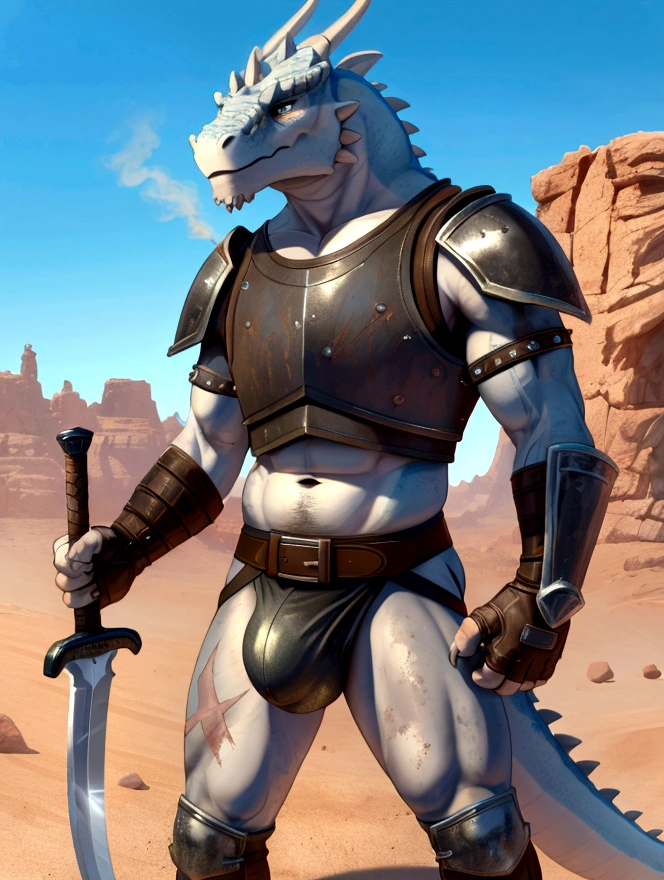 Solo Sexy young anthro scalie dragon male mercenary medieval solider, slim endomorph muscular, handsome gay model male apperance, sword scars, worn out leather skimpy armament, low on hips heavy leather belt, old very worn out skimpy dirty bulge linen material jockstrap, old yellow dirty worn out stains on white bulge sawn jockstrap, visible "x" seam pattern on the jockstrap, studded skimpy armlets breastplate armor, skimpy breastplate, leather bondages, fingerless leather gloves, smelly unwashed husk, dirty body look, desert battlefield, standing in sexy fighting position, close view of full character