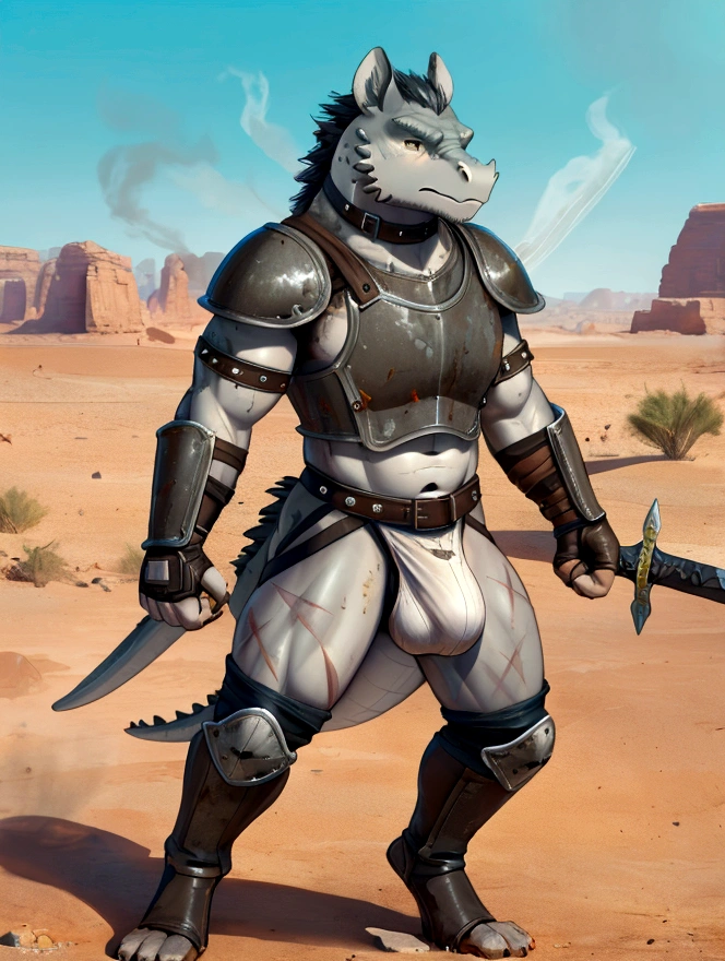 Solo Sexy young anthro scalie dragon male mercenary medieval solider, slim endomorph muscular, handsome gay model male apperance, sword scars, worn out leather skimpy armament, low on hips heavy leather belt, old very worn out skimpy dirty bulge linen material jockstrap, old yellow dirty worn out stains on white bulge sawn jockstrap, visible "x" seam pattern on the jockstrap, studded skimpy armlets breastplate armor, skimpy breastplate, leather bondages, fingerless leather gloves, smelly unwashed husk, dirty body look, desert battlefield, standing in sexy fighting position, close view of full character