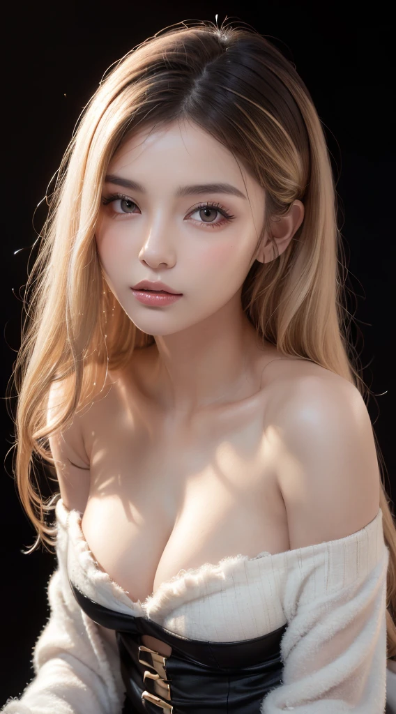 (((((super Long Hair、Long Hair、超Long Hair、Off-the-shoulder dress、Fluffy Wave、White Blonde、Gal、beauty、Well-groomed face、Nordic、beautiful girl、Black background、Russia、Northern Europe))))), Highest quality, shape, Very detailed, finely, High resolution, 8k wallpaper, 完璧なダイナミックな構shape, finelyて美しい目,  Natural Lip , Big Breasts, Random sexy poses,