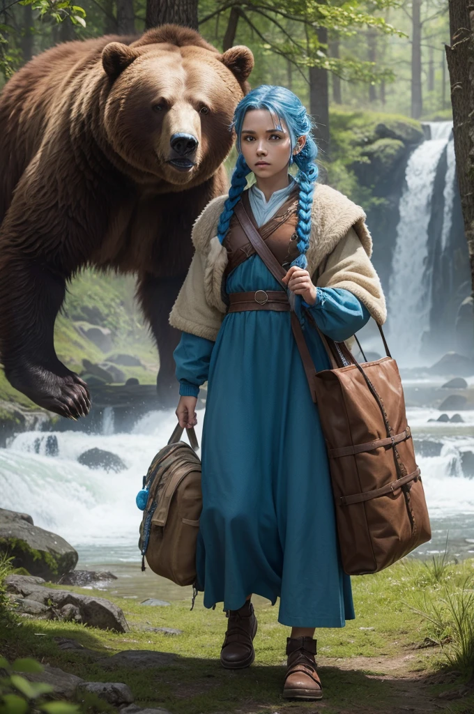 eleven, Druid, hair blue, braid, warrior outfit, water bag and a brown bear