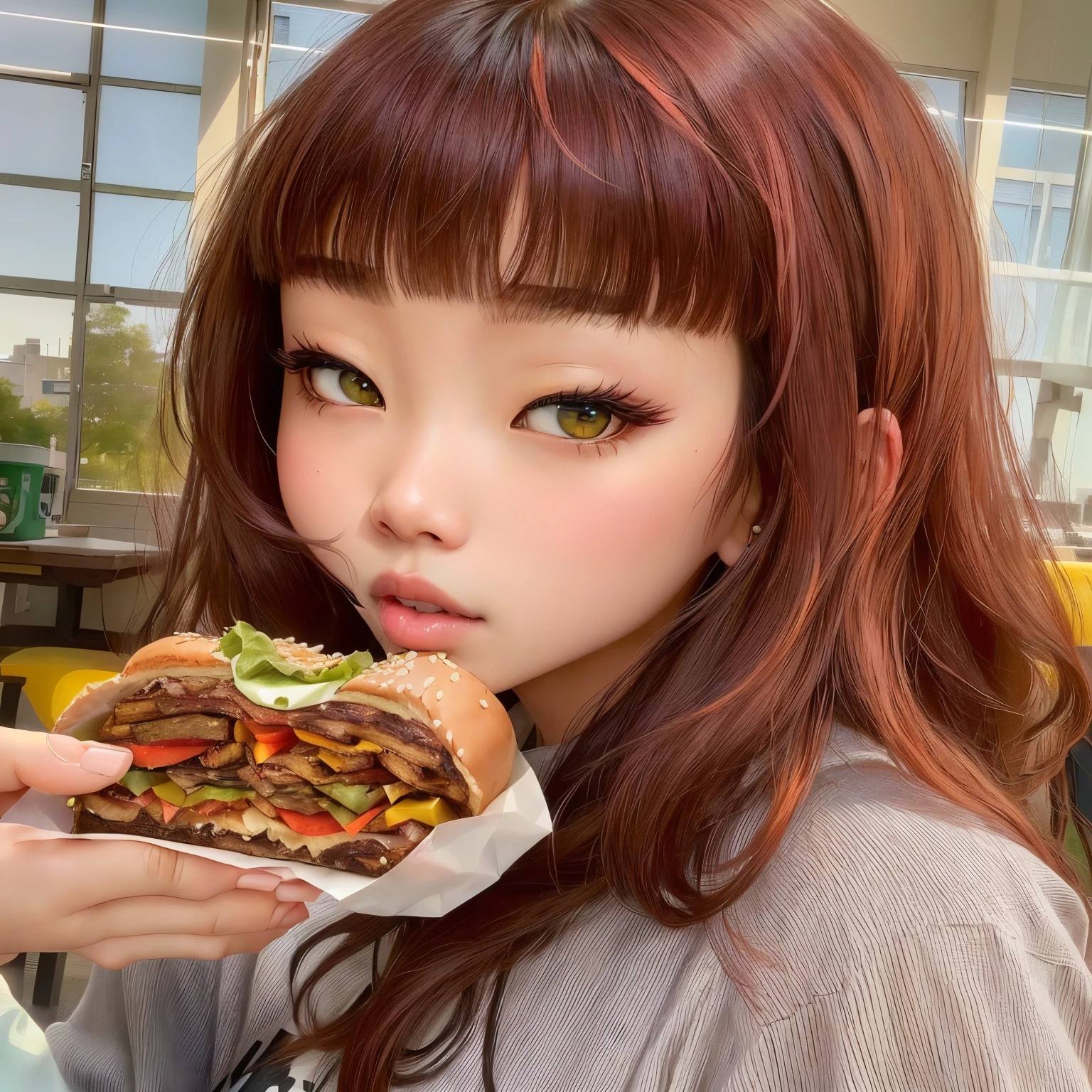 arafed asian girl eating a hamburger with lettuce and sesame seeds, the hime cut, lalisa manobal, chiho, burger, belle delphine, ulzzang, with full bangs, hime cut hairstyle, あかさたなは on , with bangs, lalisa manoban of blackpink, jennie kim of blackpink, jennie kim, dark green eyes