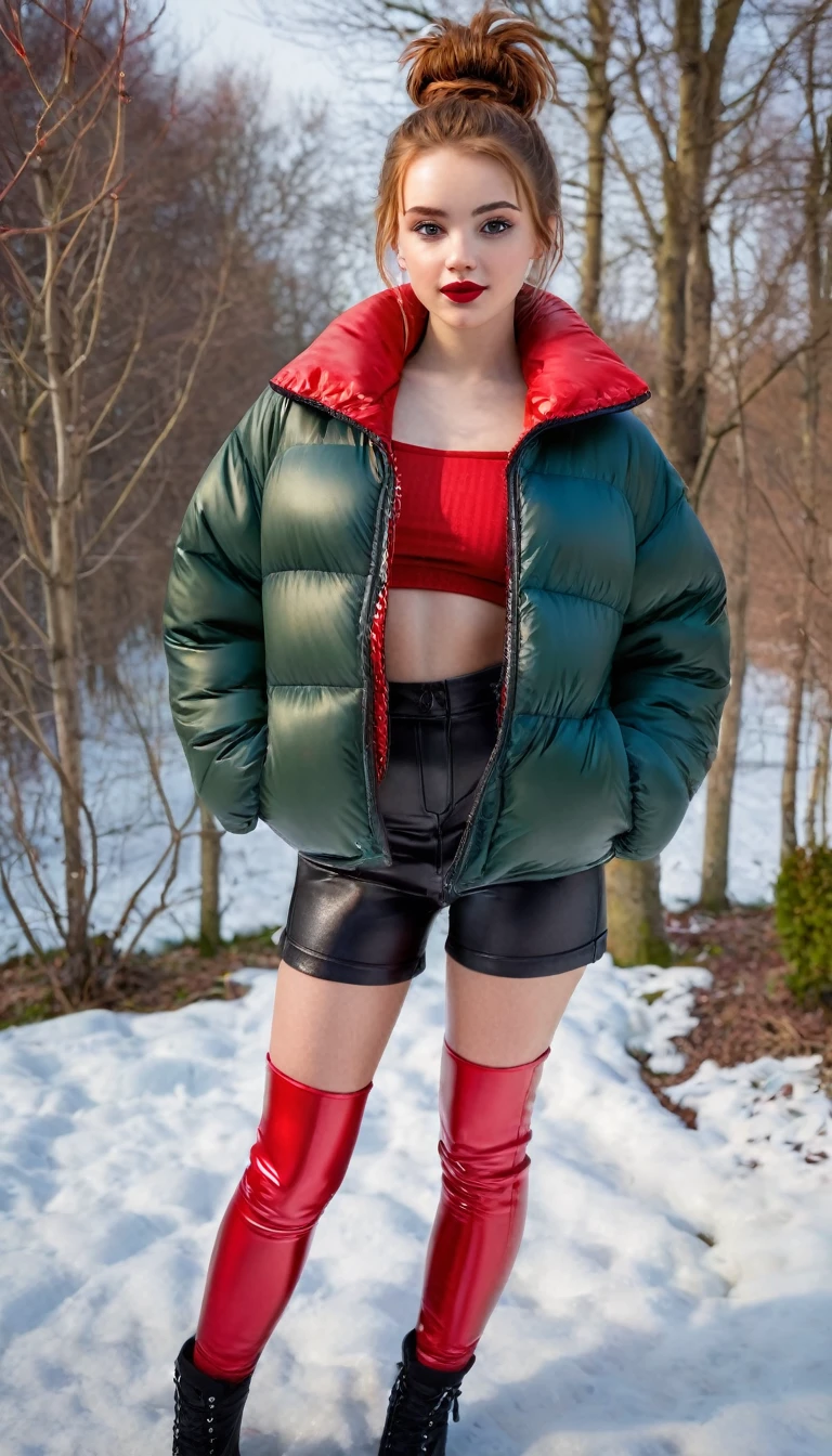 ultrarealistic high quality fullbody photo of a beautiful slim european teen girl with cute hyperdetailed shy face and natural redhead short messy bun and mischievous face, realistic round hazel eyes, red lips, dark eye makeup with eyeliner, wearing shiny red puffer jacket and faux leather leggins, hourglass body, outdoor shooting, (((no shirt))), visible cleavage, breasts, topless