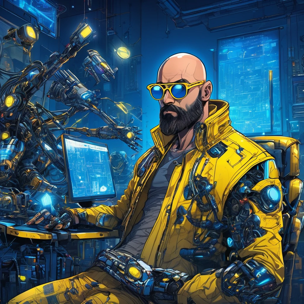 one  men, 30years, without hair, bald man with brown beard, athletic body, wearing yellow leather jacket with blue neon, sunglasses with blue lens, robotic arm implants, connected limbs, in his bedroom, using a computer to hack, futuristic atmosphere, night time, cyberpunk style, Point of view view, centered image.