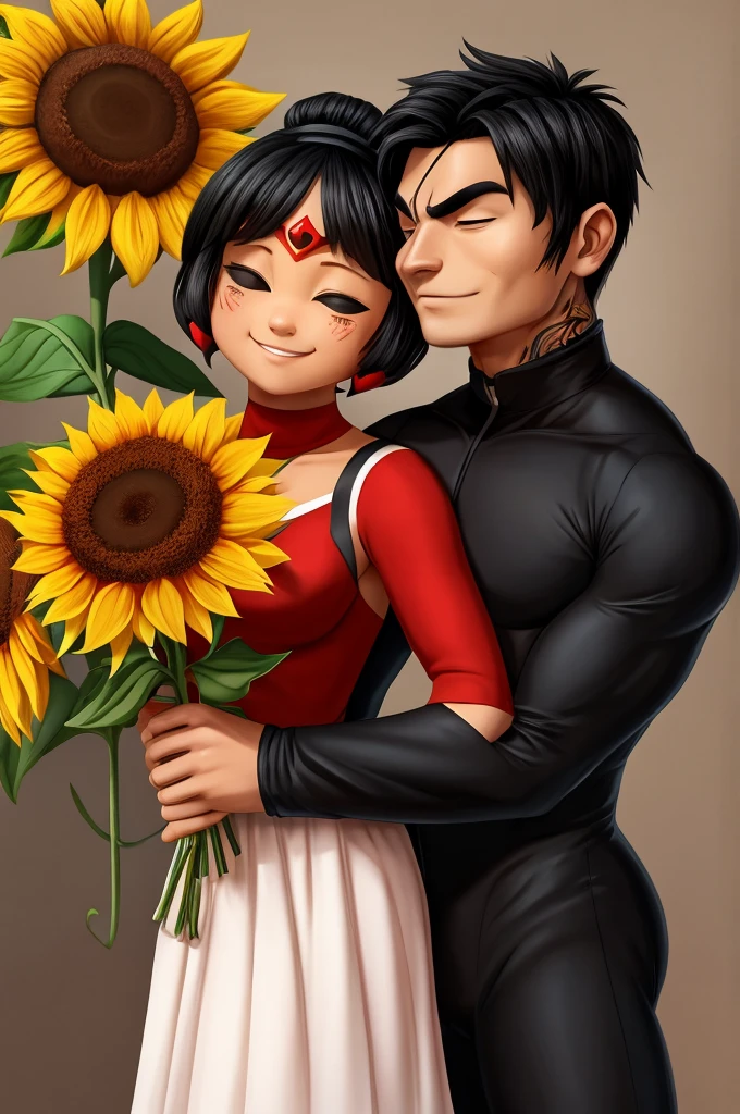 On a simple and clean background, Pucca y Long se encuentran uno frente al otro. Long, with his characteristic black ninja suit, He has some visible gray in his black hair and has several visible tattoos on his arms and neck.. With a serene and loving expression, He gives a bouquet of sunflowers to Pucca.
Pucca, with her usual red dress, shows an expression of joy and love while receiving the sunflowers. Al igual que Long, He also has tattoos on his arms., and her black hair is still tied up in her characteristic buns, but with slight touches of gray indicating its age. but maintaining the essence of his youth and his eternal love