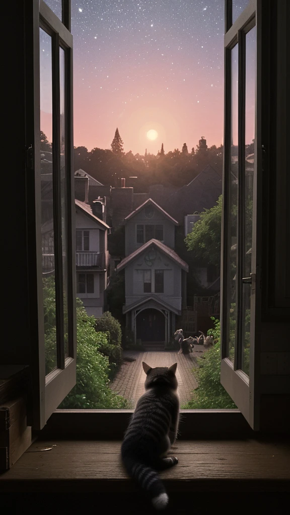 A collection of pictures about the story of Milo, a mischievous cat who lives in a comfortable house in a quiet suburb. He decides to go on a night adventure while his owners are asleep.. He slides through an open window and explores the moonlit neighborhood, discovering a different world where shadows play and nocturnal creatures appear..

While wandering, Milo meets a group of stray cats near an old oak tree. Although they are wary of him at first, a mischievous black cat named Felix recognizes Milo&#39;s courage and invites him to explore secret paths in the neighborhood that only stray cats know.. Melio enthusiastically agrees and follows Felix.

Together, they jump over fences, cross gardens, and sneak through alleys. Along the way, Milo discovers the hidden beauty of his neighborhood and learns from the various nocturnal creatures they meet – a wise owl, a crafty raccoon, and even a family of curious possums.. Each encounter gives Milo interesting information about the night.

As dawn approaches, Felix leads Milo to the highest rooftop in the neighborhood. From there, they watch the sunrise together, as the sky turns pink and orange. It was an enchanting sight, something Milo had never seen from his inner window.

Milo felt the early morning chill and knew it was time to go home. He thanked Felix for the unforgettable adventure and hurried back before his companions woke up. He slid back through the window and curled himself up in his favorite spot, purring happily.

His nightly adventure filled his heart with wonder and a new appreciation for the world around him. He fell asleep, dreaming of the next night&#39;s adventure.