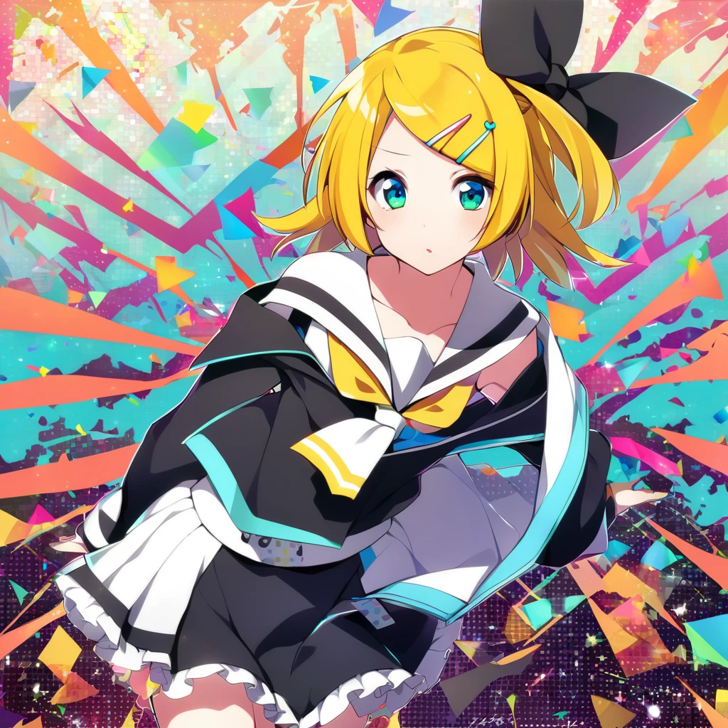 one girl, Kagamine Rin, Vocaloid, sailor collar, off shoulder, black sleeve, hair clip, hair bow