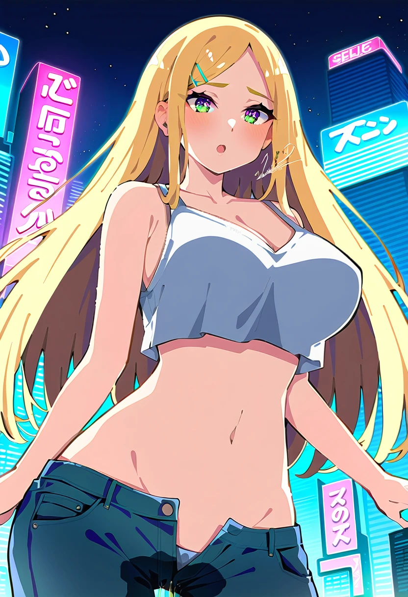 (masterpiece:1.37), best quality, (extremely detailed:1.37), woman, mature, adult, large breasts, very long hair, (straight hair:1.5), blonde hair, blue eyes, (extremely detailed eyes:1.37), crop top, cleavage, navel, jeans, open fly, (groin:1.25), desperation, (wetting: self 3.0), standing, city, futuristic, neon lighting, high-tech, street