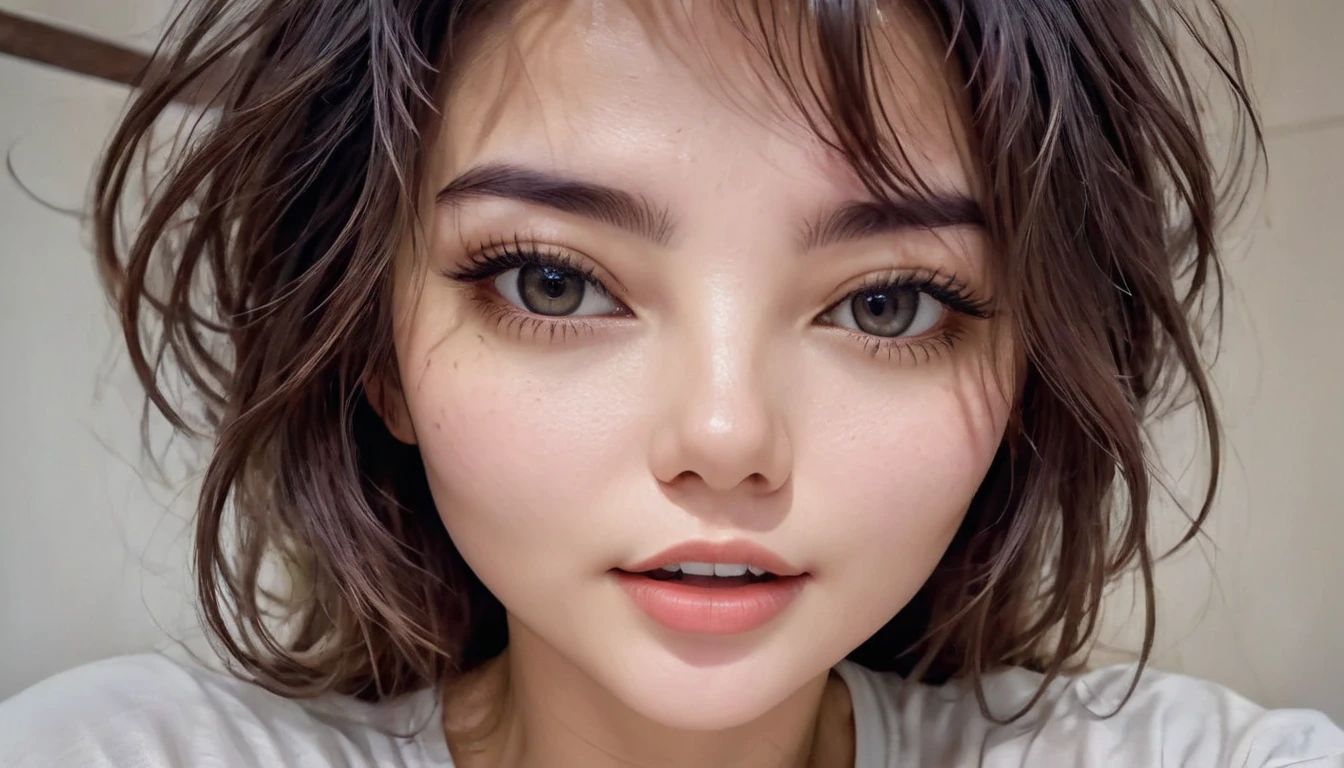 a girl take a selfie with a thin shirt , HIGHRES, clean face, with accurate face, solo, upper body, potrait, close up potrait, portait photo profile picture, REALISTIC , PHOTOREAL, messy hair, open mouth, perfect face, best image, HIGH RESOLUTION