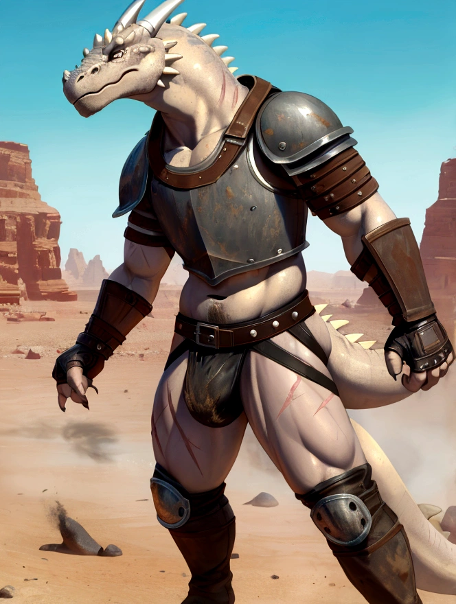 Solo Sexy young anthro scalie dragon male mercenary medieval solider, slim endomorph muscular, handsome gay model male apperance, sword scars, worn out leather skimpy armament, low on hips heavy leather belt, old very worn out skimpy dirty linen material jockstrap, old yellow dirty worn out stains on white sawn jockstrap, visible "x" seam pattern on the jockstrap, studded skimpy armlets breastplate armor, skimpy breastplate, leather bondages, fingerless leather gloves, smelly unwashed husk, dirty body look, desert battlefield, standing in sexy fighting position, close view of full character