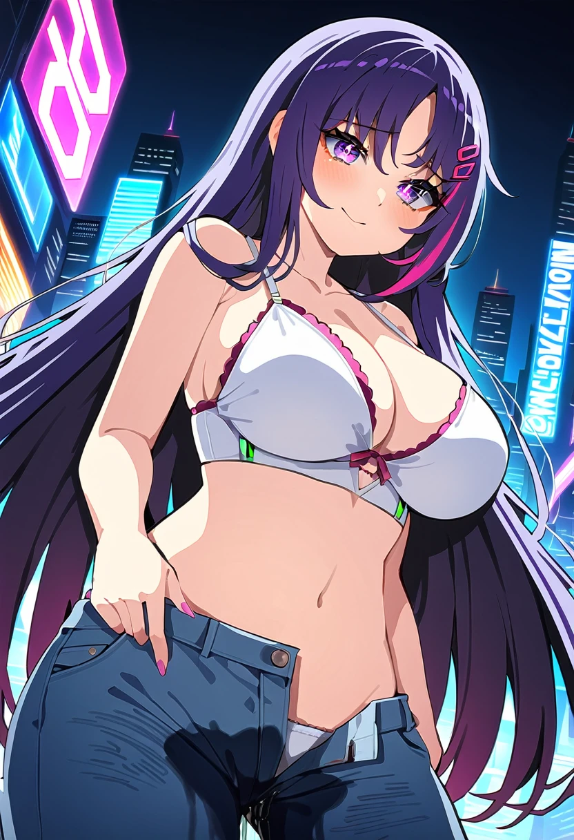 (masterpiece:1.37), best quality, (extremely detailed:1.37), woman, mature, adult, large breasts, very long hair, dark purple hair, purple eyes, (extremely detailed eyes:1.37), crop top, cleavage, navel, jeans, open fly, (groin:1.25), desperation, (wetting: self 3.0), standing, city, futuristic, neon lighting, high-tech, street