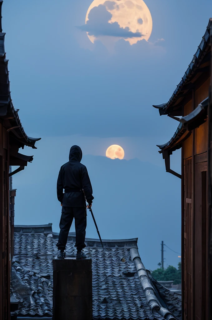 A ninja standing on a roof, angled from behind, with a big moon rising