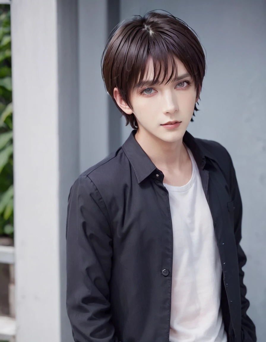 solo, looking at viewer, short hair, bangs, blue eyes, brown hair, shirt, 1boy, hair between eyes, purple eyes, collarbone, jacket, upper body, male focus, parted lips, collared shirt, sweatdrop, black jacket, red shirt, multicolored eyes