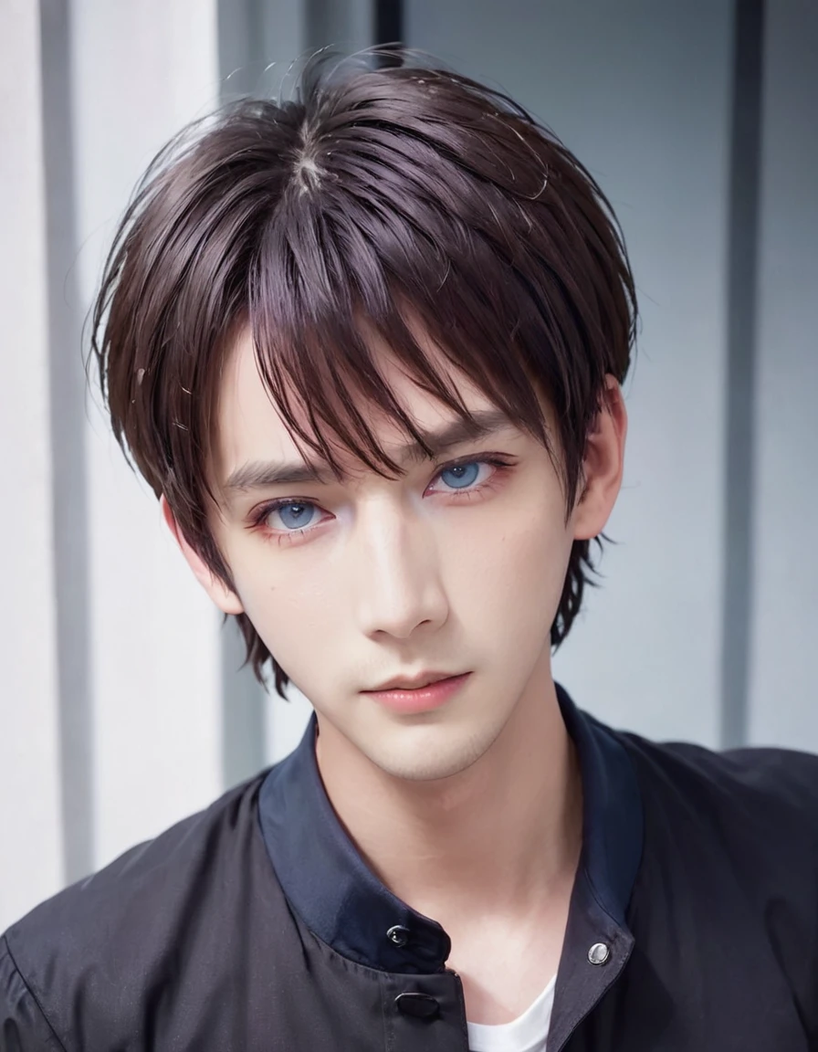 solo, looking at viewer, short hair, bangs, blue eyes, brown hair, shirt, 1boy, hair between eyes, purple eyes, collarbone, jacket, upper body, male focus, parted lips, collared shirt, sweatdrop, black jacket, red shirt, multicolored eyes