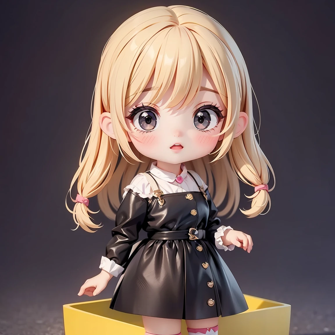 Super Chibi Character:1.8、The whole body is shown、background:random、Black Eyes、Blonde Hair、Cute 7 year old girl、pink cinderella dress