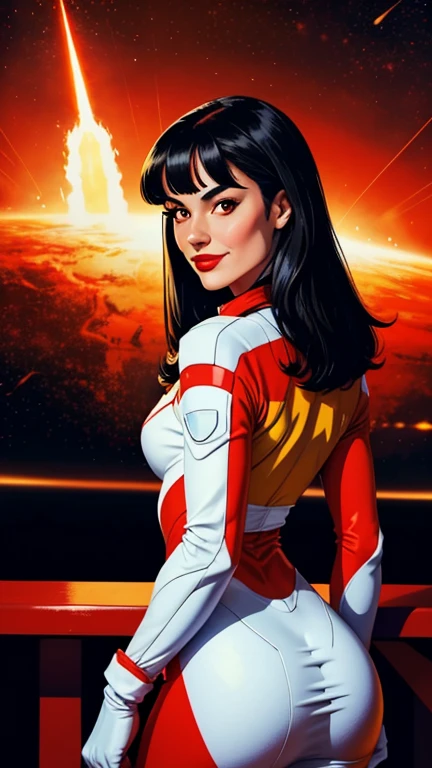 High-quality realistic acrylic painting, VIVID COLORS, back point a view, a beautiful european woman with shoulder-length black straight hair, bangs, looking at the viewer with suspicious face and a shy smile, red lips, she wears white space suit, hands in the waist, dramatic yellow red lights, background night in 60´s rocket launch platform