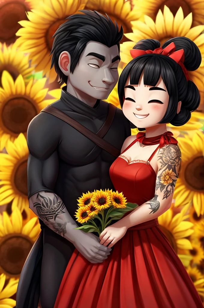 On a simple and clean background, Pucca y Long se encuentran uno frente al otro. Long, with his characteristic black ninja suit, He has some visible gray in his black hair and has several visible tattoos on his arms and neck.. With a serene and loving expression, He gives a bouquet of sunflowers to Pucca.
Pucca, with her usual red dress, shows an expression of joy and love while receiving the sunflowers. Al igual que Long, He also has tattoos on his arms., and her black hair is still tied up in her characteristic buns