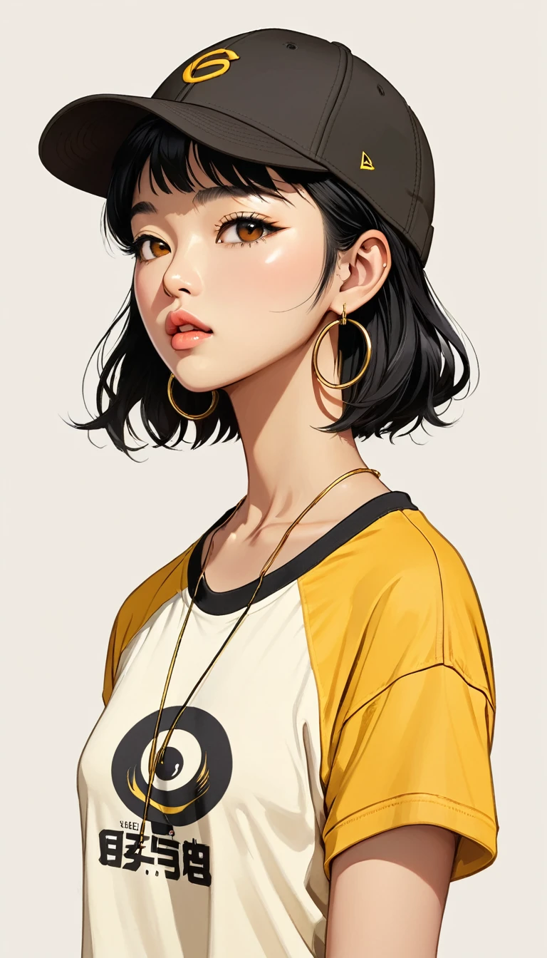 masterpiece, Highest quality, One girl,Brown Eye, Baseball cap, Black Hair, Mouth closed, Earrings, Have, hoop 、 jewelry, View your viewers, shirt, short hair, Simple Background, alone, Upper Body, yellow shirt 、Headphoneoderate bust、Asian