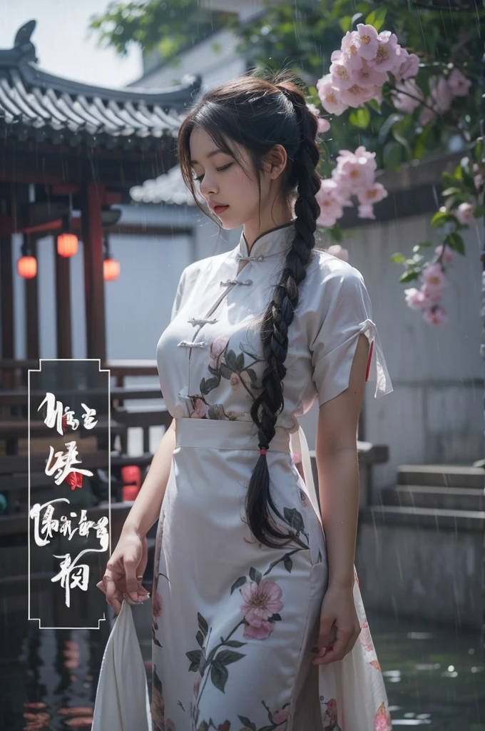 Beautiful Japanese waifu, early 30s, brunette hair, long pigtails, traditional Chinese silk dress in white with flower patterns, in the rain, wet clothes, closed eyes