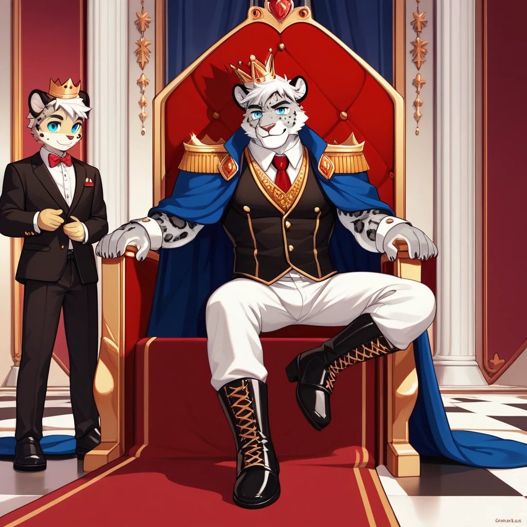 Score_9, score_8_up, score_7_up, source_cartoon, Anthro male, snow leopard, short white hair, blue eyes, wearing kings garbs, kings top, elegant slacks, kings boots, crown, sitting on an Elegant throne, in a throne room, young, tall and slender,