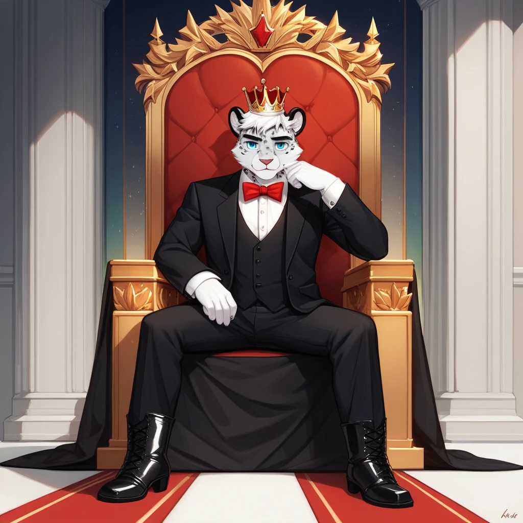 Score_9, score_8_up, score_7_up, source_cartoon, Anthro male, snow leopard, short white hair, blue eyes, wearing kings garbs, kings top, elegant slacks, kings boots, crown, sitting on an Elegant throne, in a throne room, young, tall and slender,