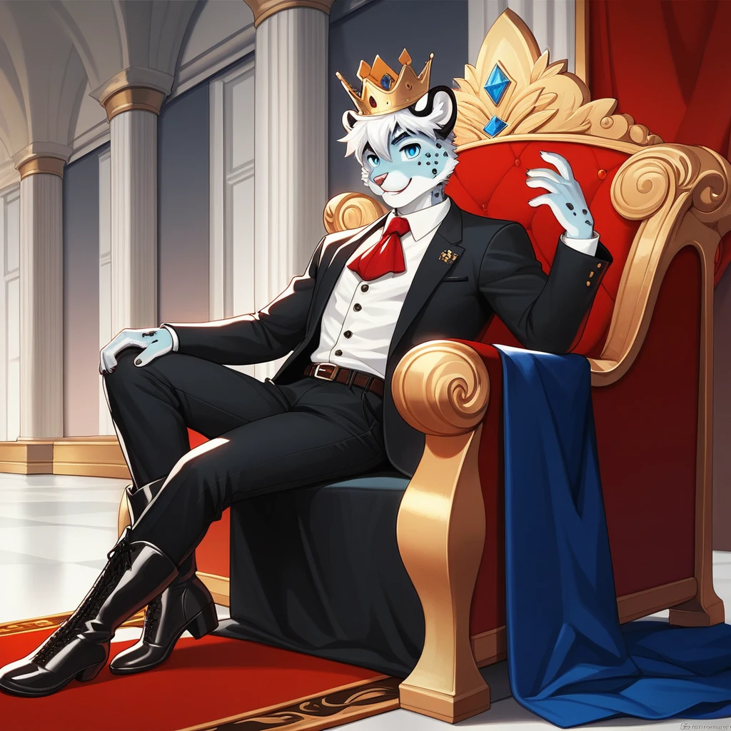 Score_9, score_8_up, score_7_up, source_cartoon, Anthro male, snow leopard, short white hair, blue eyes, wearing kings garbs, kings top, elegant slacks, kings boots, crown, sitting on an Elegant throne, in a throne room, young, tall and slender,