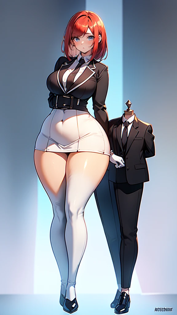 blank background, (((full body))), (masterpiece), ((best quality)), ((tall girl)), straight hair (curvy:1.7), (short skirt), shoes, belt below navel, redhead hair,, (black suit and tie), wide hips