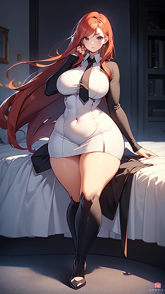 blank background, (((full body))), (masterpiece), ((best quality)), ((tall girl)), straight hair (curvy:1.7), (short skirt), shoes, belt below navel, redhead hair,, (black suit and tie), wide hips