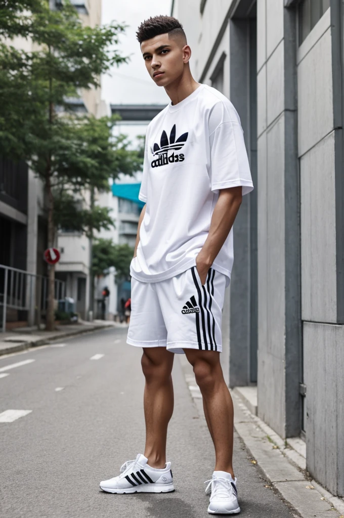 Male anime character dressed in a white Adidas t-shirt and white Adidas shorts, shaved haircut on the sides on the street 