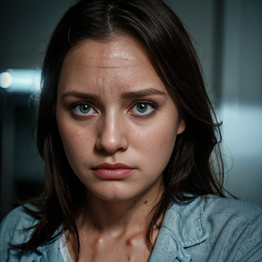 the face of a woman with light blue pupils, crying with tears of blood, sad, emotional portrait.