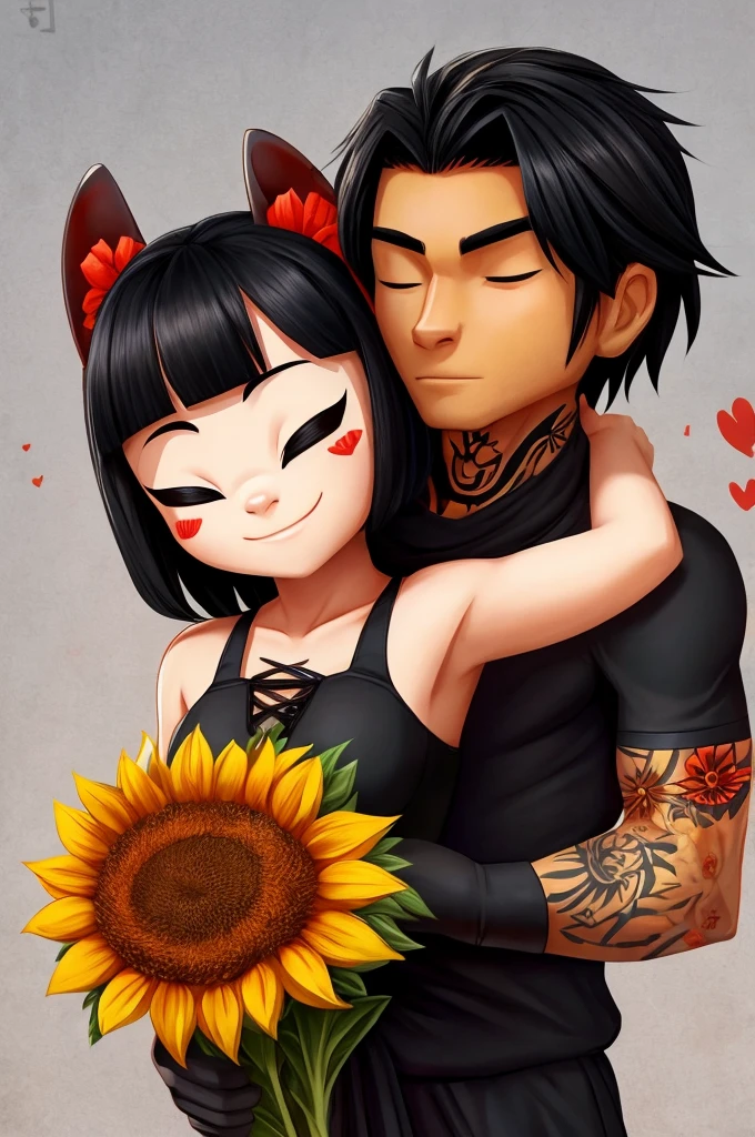 On a simple and clean background, Pucca y Long se encuentran uno frente al otro. Long, with his characteristic black ninja suit, He has some visible gray in his black hair and has several visible tattoos on his arms and neck.. With a serene and loving expression, He gives a bouquet of sunflowers to Pucca.
Pucca, with her usual red dress, shows an expression of joy and love while receiving the sunflowers. Al igual que Long, He also has tattoos on his arms., and her black hair is still tied up in her characteristic buns
