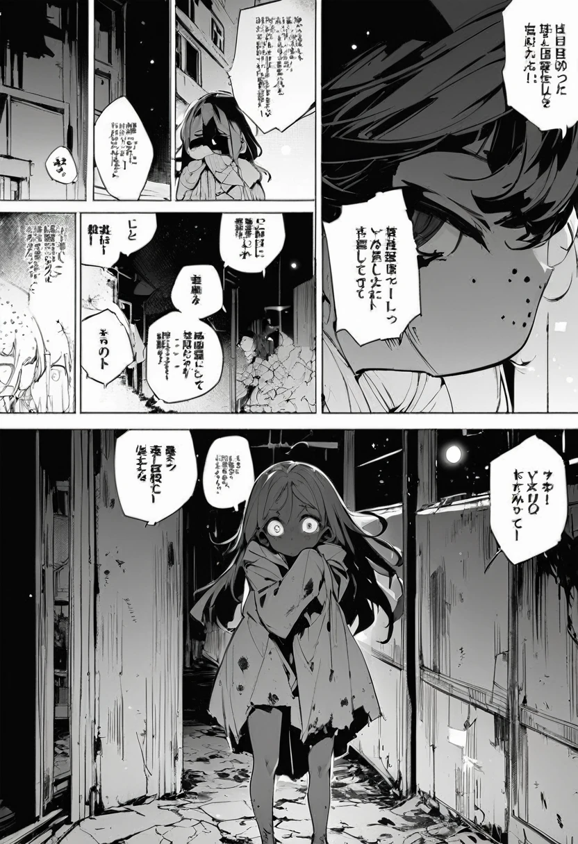 best quality , monochrome, lineart, 1girl, , full body, long messy dark hair, tan skin, freckles, fearful eyes, wearing an old, dirty,ripped hospital gown, hiding behind a wall, covering mouth, intense, horror, an older faceless man looking for her, abandoned hospital background, night, cowboy shot, oldest, comic