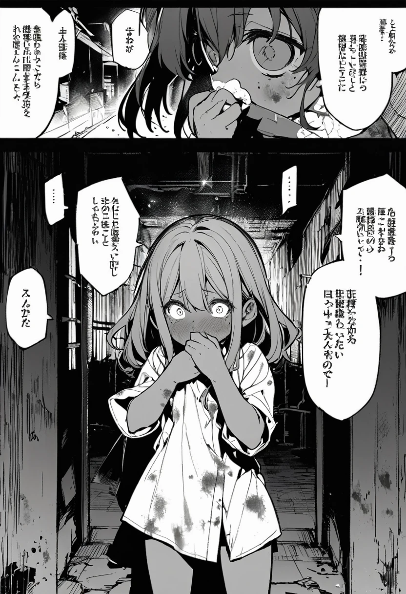 best quality , monochrome, lineart, 1girl, , full body, long messy dark hair, tan skin, freckles, fearful eyes, wearing an old, dirty,ripped hospital gown, hiding behind a wall, covering mouth, intense, horror, an older faceless man looking for her, abandoned hospital background, night, cowboy shot, oldest, comic